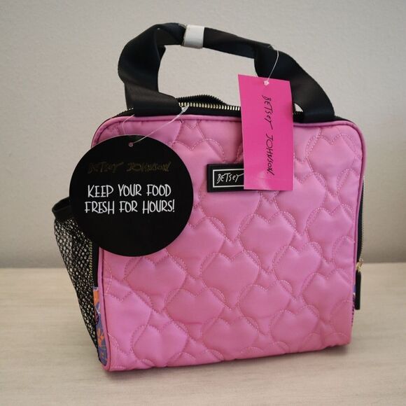Betsey Johnson TBJ-1286 Pink Multi Heart Insulated Lunch Tote W/Mesh Pouch - Picture 1 of 9